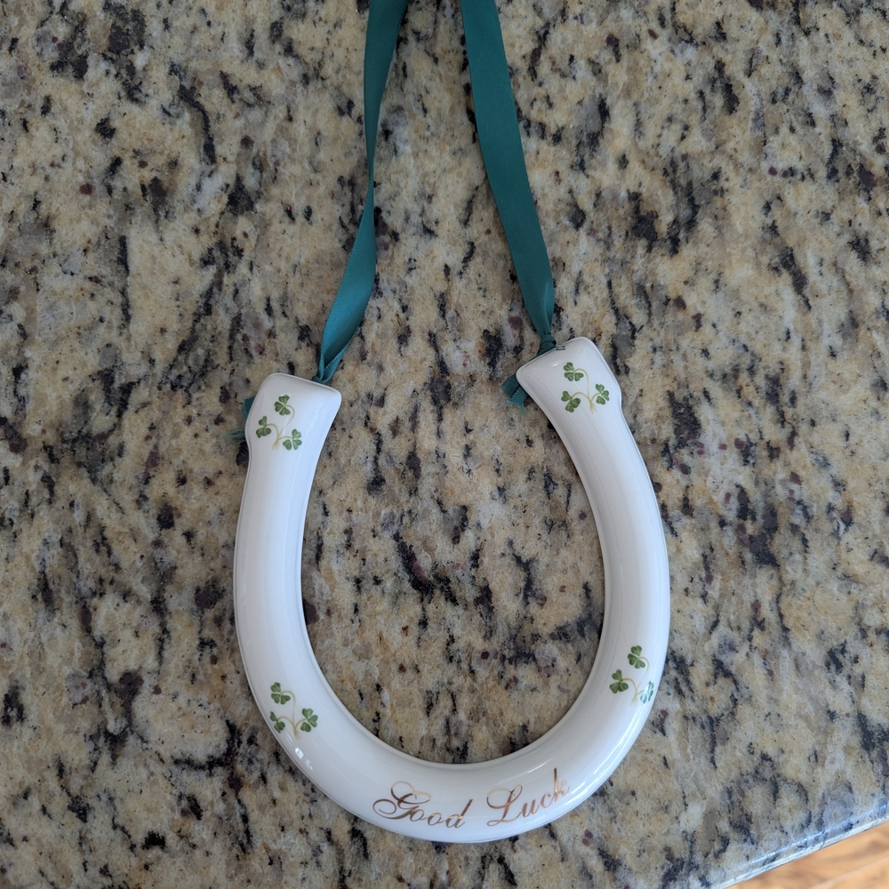 White Horseshoe Wall Decor with Green Shamrocks